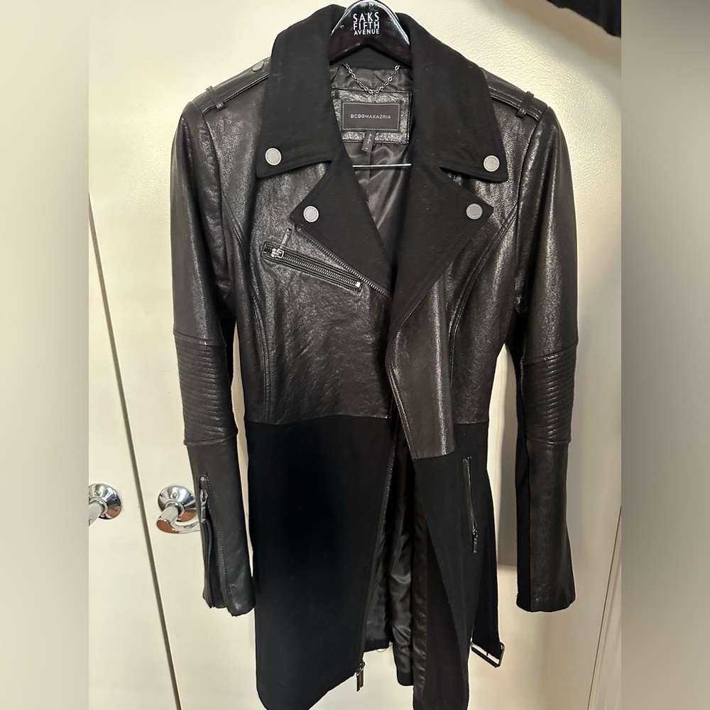 BCBGMaxAzria Black Mixed-Material Leather Moto Coat - Picture 2 of 4